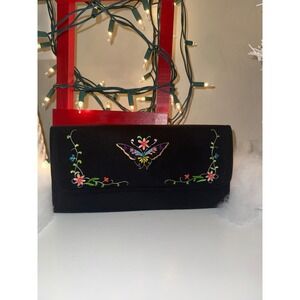 Black Embroidered Butterfly Floral Clutch Wallet Women's